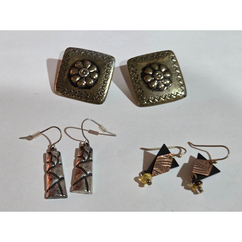 Vintage Mixed Metal Earring Lot 3 Pairs Floral Studs Geometric Dangles Boho